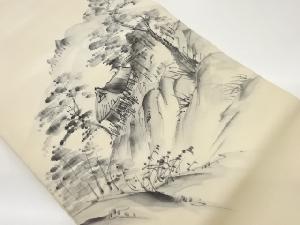 作家物　塩瀬手描き山並み風景に草木・民家模様名古屋帯